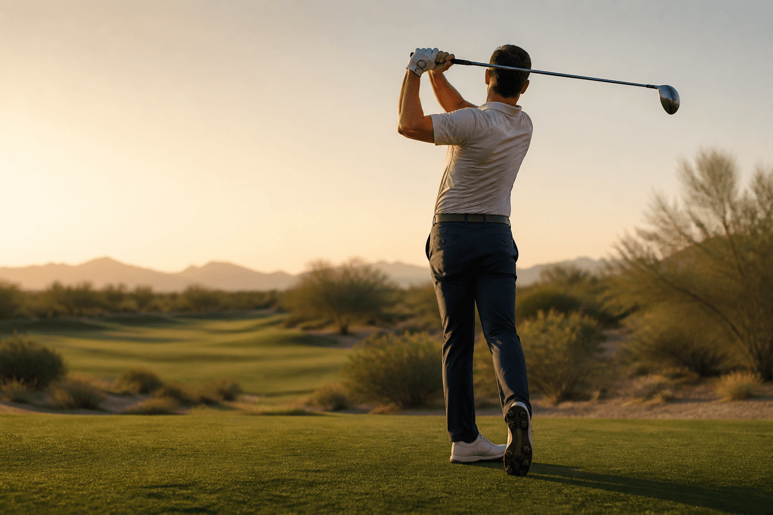 Golfer finishing a drive on a desert golf course at sunset